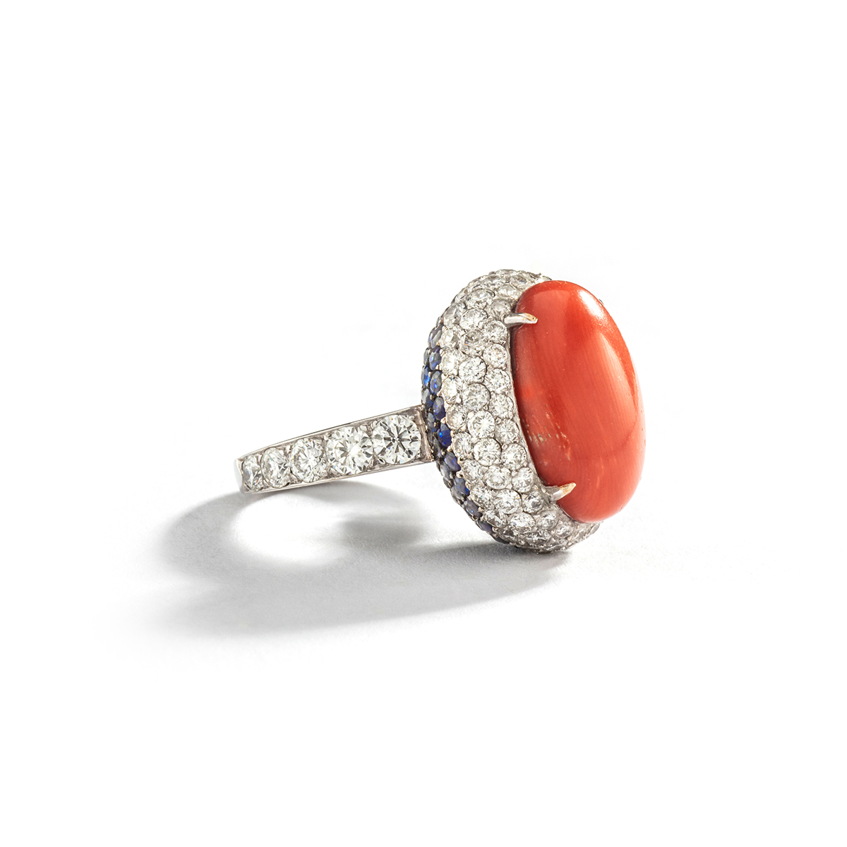 Coral diamond sapphire gold 18k ring cocktail vintage antique jewels