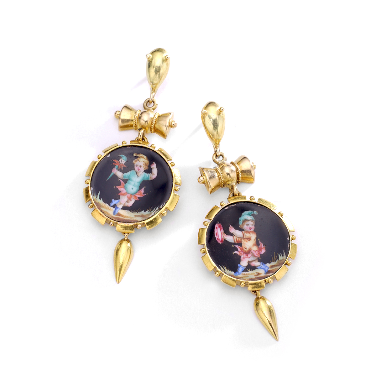 Antique gold flemish kids playing ceramic earrings