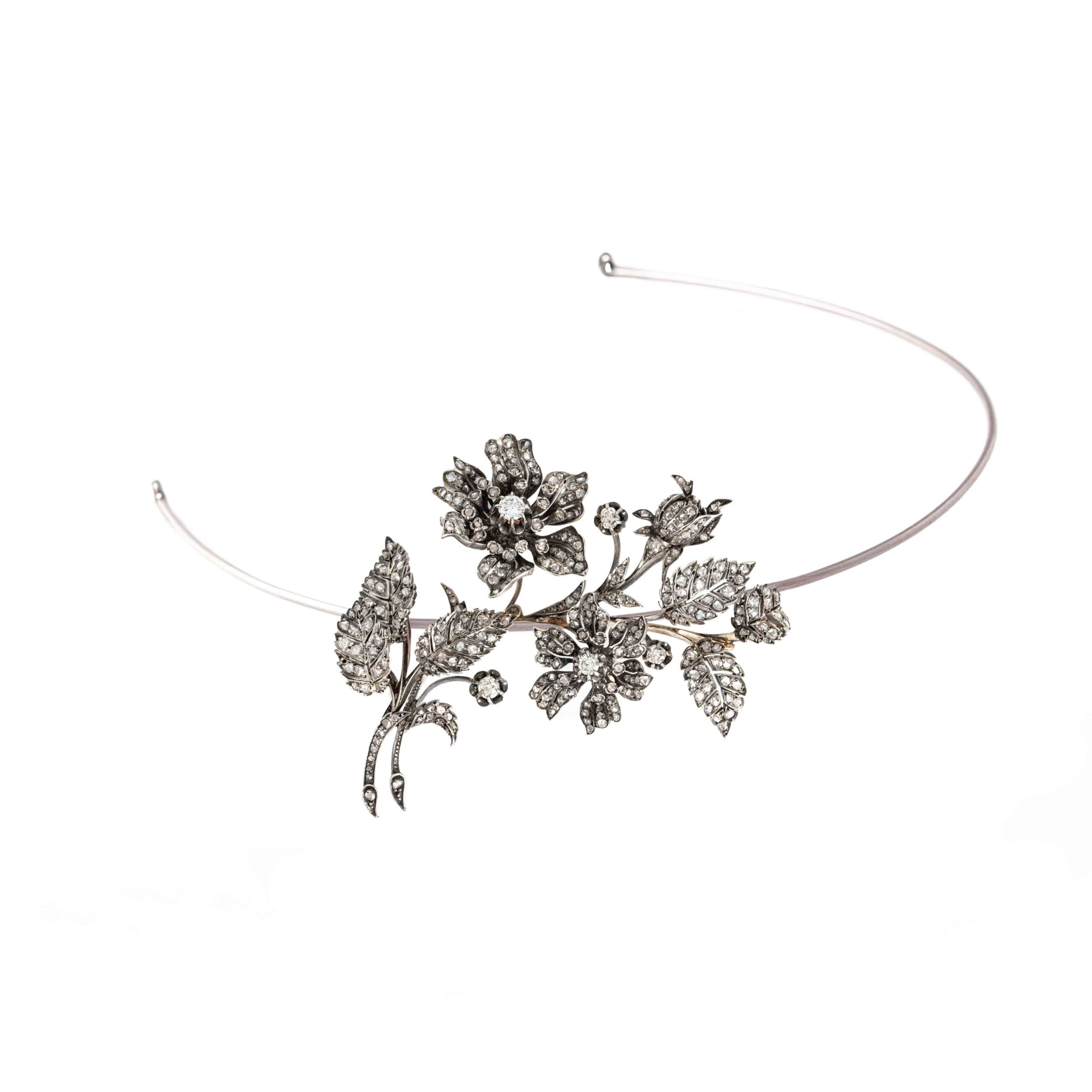 Antique Tiara convertible En Tremblant Flower Diamond Brooch on Silver and Gold. French marks. Late 19th Century.