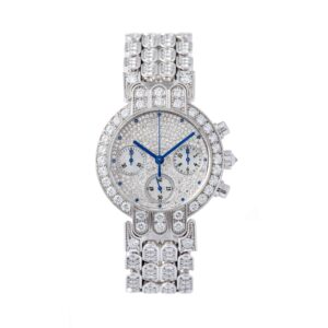 Solid 18kt white gold case & bracelet with a polished finish. The case, bezel, lugs & bracelet are pave set with diamonds. The crown is set with a single rose cut diamond. Total diamond weight - approximately 9.45 carats.