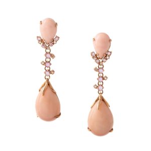 Natural Coral Cabochon Sapphire and Diamond on Gold 18K Earrings. Total length: approx. 6.20 centimeters. Total width: approx. 1.40 centimeters. Total weight: 20.32 grams.