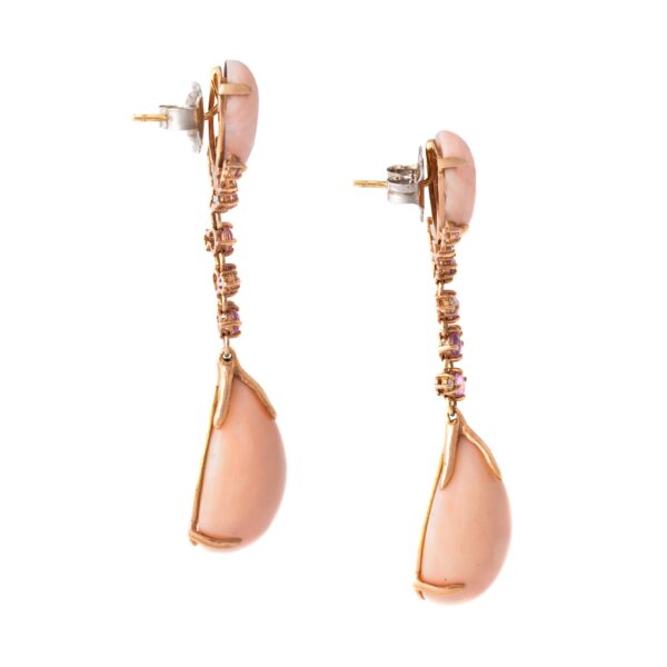 Natural Coral Cabochon Sapphire and Diamond on Gold 18K Earrings. Total length: approx. 6.20 centimeters. Total width: approx. 1.40 centimeters. Total weight: 20.32 grams.